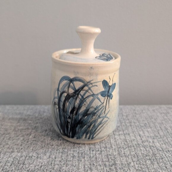 Other - Canterbury Pottery, Small Jar with Lid & Spoon Hole (No Spoon), Butterfly Theme